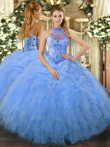 Floor Length Baby Blue Ball Gown Prom Dress Halter Top Sleeveless Lace Up