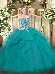 Tulle Sweetheart Sleeveless Lace Up Beading and Ruffles Quince Ball Gowns in Teal