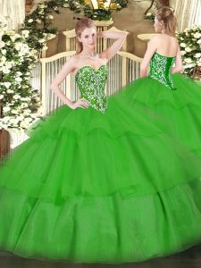 Chic Tulle Sleeveless Floor Length Ball Gown Prom Dress and Beading and Ruffled Layers