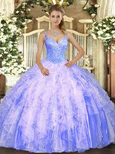 Sleeveless Floor Length Beading and Ruffles Lace Up Ball Gown Prom Dress with Lavender