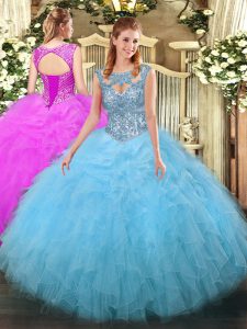 Hot Sale Aqua Blue Ball Gowns Tulle Scoop Sleeveless Beading and Ruffles Floor Length Lace Up Vestidos de Quinceanera