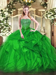 Green Lace Up Strapless Beading and Ruffles Quince Ball Gowns Organza Sleeveless