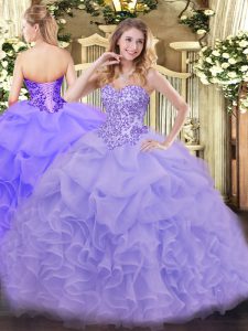 Fashion Floor Length Lavender 15 Quinceanera Dress Organza Sleeveless Appliques and Ruffles