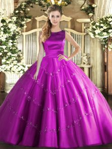 Fuchsia Lace Up Scoop Appliques Sweet 16 Dress Tulle Sleeveless