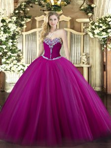 Fuchsia Tulle Lace Up Sweet 16 Dress Sleeveless Floor Length Beading