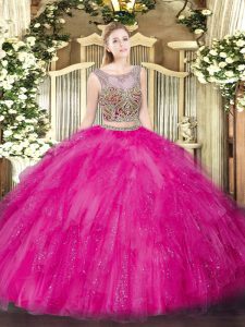 Floor Length Hot Pink 15th Birthday Dress Tulle Sleeveless Beading and Ruffles