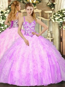 Lilac Straps Neckline Beading and Ruffles 15th Birthday Dress Sleeveless Lace Up