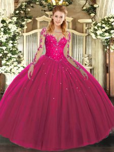 Hot Pink Long Sleeves Tulle Lace Up 15th Birthday Dress for Military Ball and Sweet 16 and Quinceanera