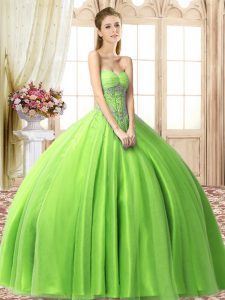 Graceful Tulle Lace Up Sweetheart Sleeveless Floor Length 15th Birthday Dress Beading