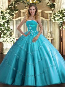 Flirting Aqua Blue Sleeveless Floor Length Beading and Appliques and Ruffled Layers Lace Up 15th Birthday Dress