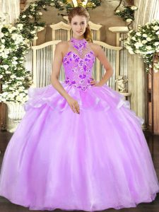 Flare Ball Gowns Sweet 16 Dresses Lilac Halter Top Organza Sleeveless Floor Length Lace Up