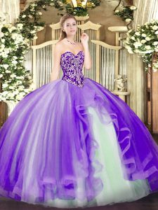 Pretty Floor Length Lavender Sweet 16 Dress Tulle Sleeveless Beading and Ruffles