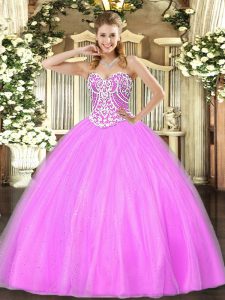 Stunning Lilac Ball Gowns Sweetheart Sleeveless Tulle Floor Length Lace Up Beading 15 Quinceanera Dress