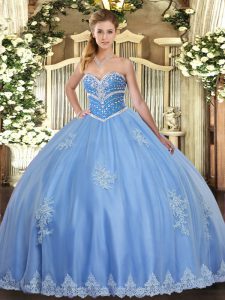 Tulle Sweetheart Sleeveless Lace Up Beading and Appliques Sweet 16 Dress in Blue