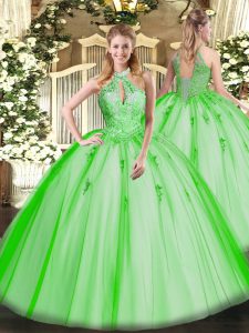 Top Selling Ball Gowns 15th Birthday Dress Halter Top Tulle Sleeveless Floor Length Lace Up