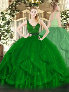 High Class Dark Green Ball Gowns Beading and Ruffles 15 Quinceanera Dress Zipper Tulle Sleeveless Floor Length