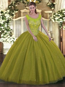 Exquisite Olive Green Tulle Backless Sweet 16 Dresses Sleeveless Floor Length Beading