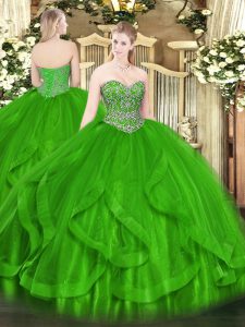 Fantastic Green Tulle Lace Up Ball Gown Prom Dress Sleeveless Floor Length Beading and Ruffles