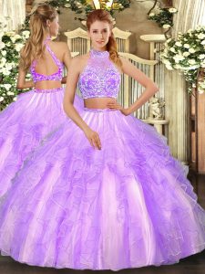 Halter Top Sleeveless Tulle Vestidos de Quinceanera Beading and Ruffled Layers Criss Cross