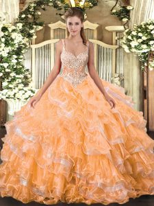 Floor Length Orange Quinceanera Dresses Organza Sleeveless Beading and Ruffled Layers