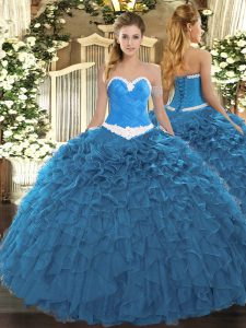 Blue Ball Gowns Organza Sweetheart Sleeveless Appliques and Ruffles Floor Length Lace Up 15th Birthday Dress