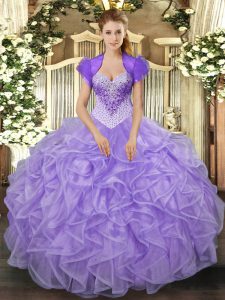 Glorious Lavender Sleeveless Floor Length Beading and Ruffles Lace Up Sweet 16 Dresses