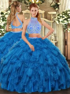 Floor Length Blue Quinceanera Dress Halter Top Sleeveless Criss Cross