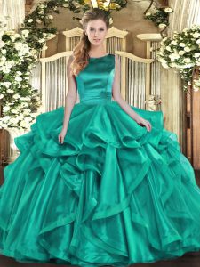 Sexy Floor Length Lace Up Quinceanera Gown Turquoise for Military Ball and Sweet 16 and Quinceanera with Ruffles