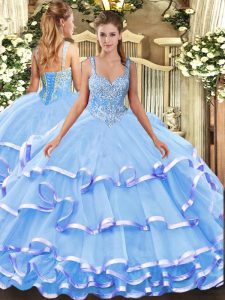 Sleeveless Floor Length Beading and Ruffled Layers Lace Up Quinceanera Dresses with Blue