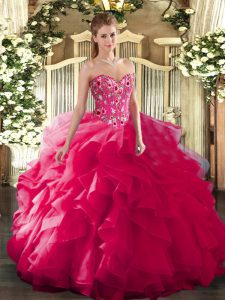 Elegant Floor Length Hot Pink Ball Gown Prom Dress Organza and Printed Sleeveless Embroidery