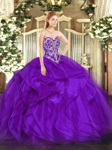 Edgy Purple Lace Up Sweetheart Beading and Ruffles Vestidos de Quinceanera Organza Sleeveless