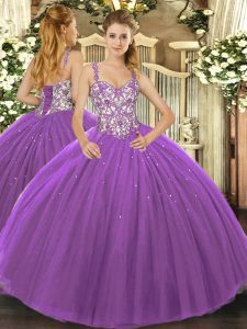 Ball Gowns 15th Birthday Dress Purple Straps Tulle Sleeveless Floor Length Lace Up