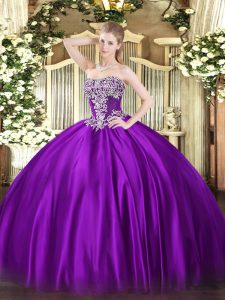 Lovely Purple Satin Lace Up Sweet 16 Dress Sleeveless Floor Length Beading