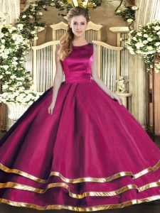 Elegant Fuchsia Sleeveless Tulle Lace Up Quinceanera Dress for Military Ball and Sweet 16 and Quinceanera