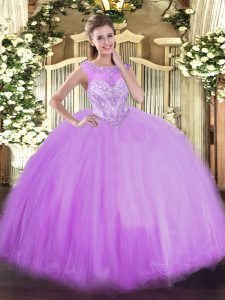 Sleeveless Tulle Floor Length Zipper Sweet 16 Quinceanera Dress in Lavender with Beading