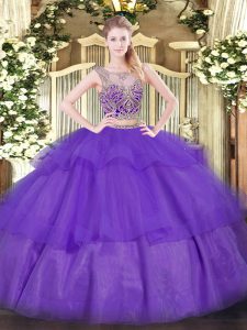 Purple Tulle Lace Up Quince Ball Gowns Sleeveless Floor Length Beading and Ruffled Layers