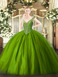 Green Lace Up V-neck Beading Sweet 16 Dress Tulle Sleeveless