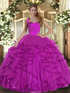 Deluxe Mermaid Sweet 16 Quinceanera Dress Fuchsia Halter Top Tulle Sleeveless Floor Length Lace Up