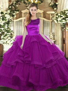 Purple Ball Gowns Tulle Scoop Sleeveless Ruffles Floor Length Lace Up Quinceanera Dresses