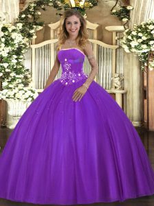 Purple Sleeveless Tulle Lace Up Quinceanera Dress for Military Ball and Sweet 16 and Quinceanera