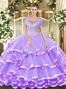 Romantic Lavender Scoop Lace Up Beading and Ruffled Layers Vestidos de Quinceanera Sleeveless