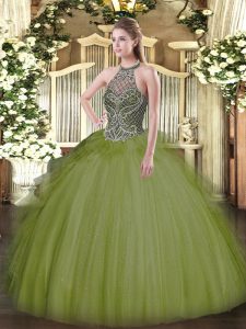 Popular Halter Top Sleeveless Quinceanera Dress Floor Length Beading Olive Green Tulle