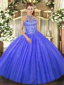 Floor Length Lace Up Ball Gown Prom Dress Blue for Military Ball and Sweet 16 and Quinceanera with Beading and Embroidery