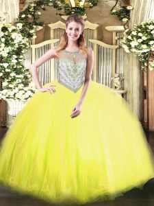 Spectacular Tulle Sleeveless Floor Length 15 Quinceanera Dress and Beading