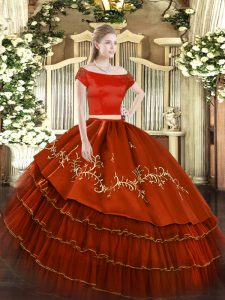 Custom Made Short Sleeves Organza and Taffeta Floor Length Zipper Quinceanera Gown in Rust Red with Embroidery and Ruffled Layers