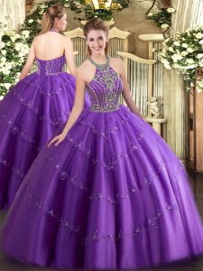 Top Selling Floor Length Purple Sweet 16 Dress Tulle Sleeveless Beading and Appliques