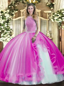 Sleeveless Floor Length Beading and Ruffles Lace Up Sweet 16 Dress with Fuchsia