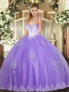 Flirting Lavender Ball Gowns Sweetheart Sleeveless Tulle Floor Length Lace Up Beading and Appliques 15 Quinceanera Dress