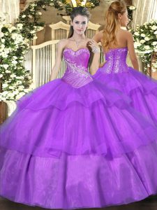 Wonderful Floor Length Lace Up Quinceanera Dress Lilac for Military Ball and Sweet 16 and Quinceanera with Beading and Ruffled Layers