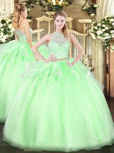 Low Price Apple Green Scoop Neckline Lace Sweet 16 Quinceanera Dress Sleeveless Zipper